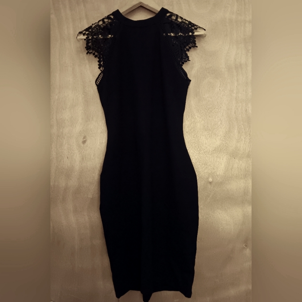 Iris | NWOT | Black Fitted Lace Sleeve Cutout Dress w/ Teardrop Back